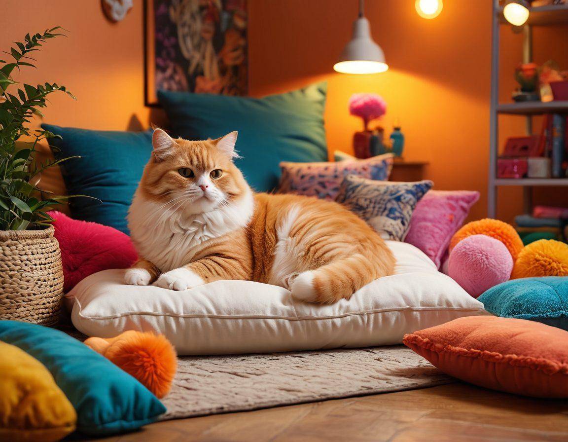 A playful, seductive scene featuring plump, fluffy cats with cheeky expressions, surrounded by an array of vibrant, colorful toys and pillows. The backdrop is soft and inviting, evoking a cozy yet alluring atmosphere. Emphasize the charm and personality of the cats, showcasing their playful nature and enchanting presence. Incorporate soft, warm lighting to enhance the sensual vibe. super-realistic. vibrant colors. cozy atmosphere.