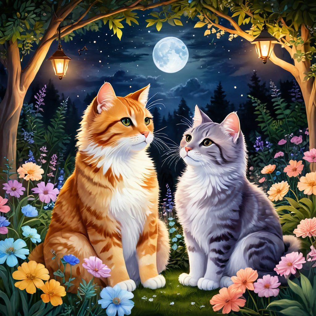 A whimsical and enchanting scene featuring curvy anthropomorphic feline characters engaging in romantic activities, surrounded by soft, glowing moonlight. The background showcases a lush, dreamy garden filled with flowers and twinkling fairy lights, creating a warm and inviting atmosphere. The felines are playfully entwined, showcasing their affectionate interaction, with playful expressions and vibrant fur patterns. The overall color palette is warm with pastel tones to enhance the romantic vibe. digital painting. vibrant colors. magical realism.