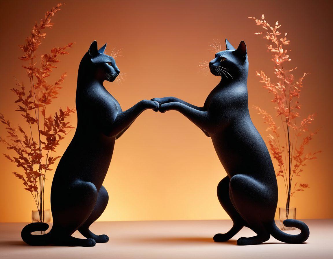 A captivating scene featuring elegant, curvy feline silhouettes intertwined in a playful dance, set against a softly lit backdrop that suggests a sensual atmosphere. The felines are adorned with delicate, shimmering accessories that reflect light, enhancing their allure. Include subtle hints of foliage and soft fabrics around them for a touch of intimacy. The overall mood should be warm and inviting, celebrating their graceful forms and beauty. vibrant colors. soft focus.